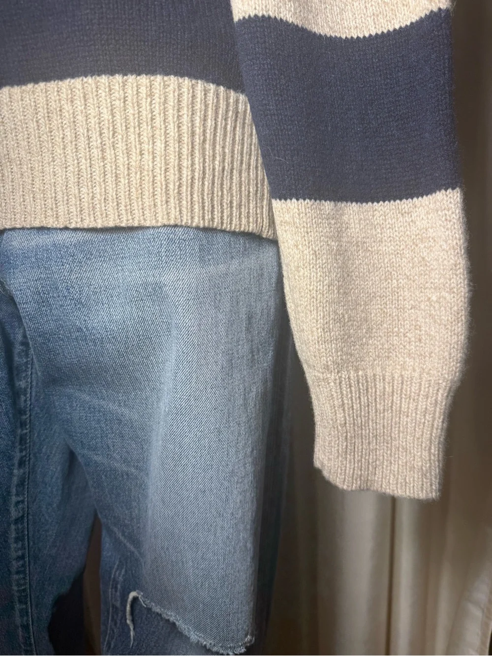 Vintage J Crew 100% Wool Navy and Natural Stripe Crewneck Sweater